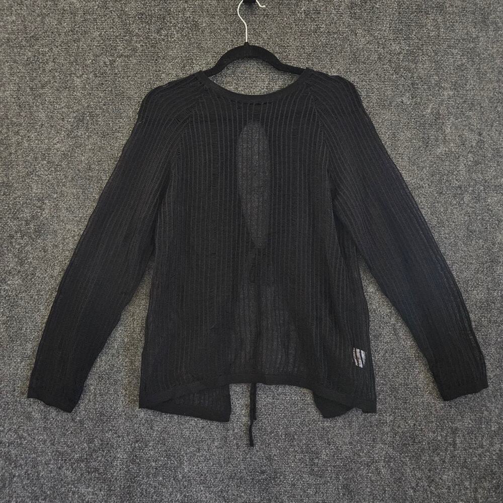 Black Open-Knit Tie Front Cardigan Lightweight Long Sleeve Sweater